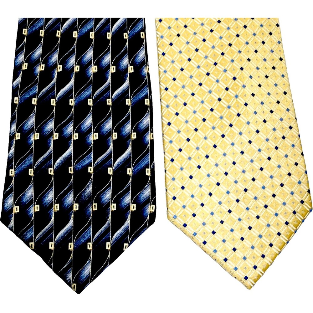 Pierre Cardin 2 Ties Vintage Y2K Blue Gold Geometric Plaid Dot Abstract Preppy - Picture 5 of 11